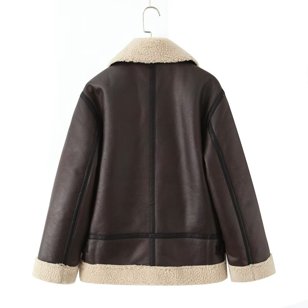 Damen Oversize-Fliegerjacke aus Kunstleder mit Teddykragen und Zipper-Taschen Nord Taschen