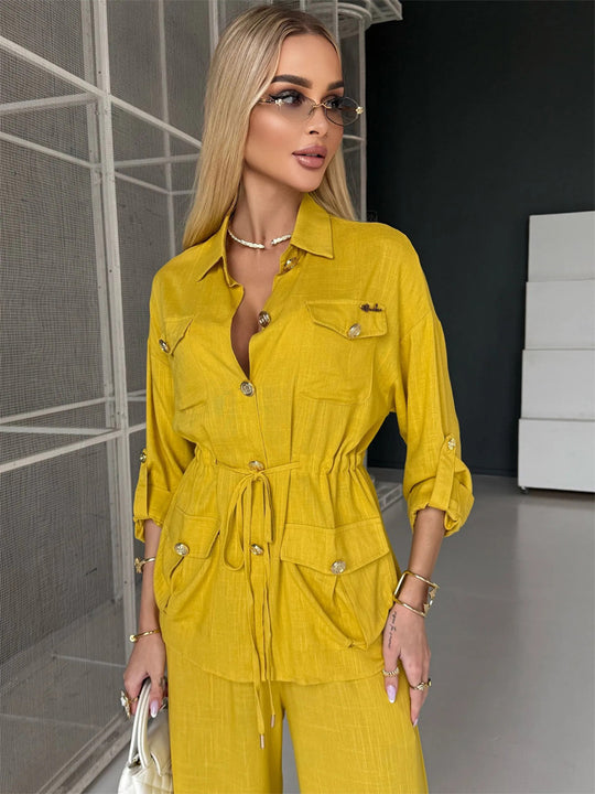 Damen Leinenoptik Utility-Hemdjacke mit Tunnelzugtaillierung und goldenen Zierknöpfen Nord Taschen