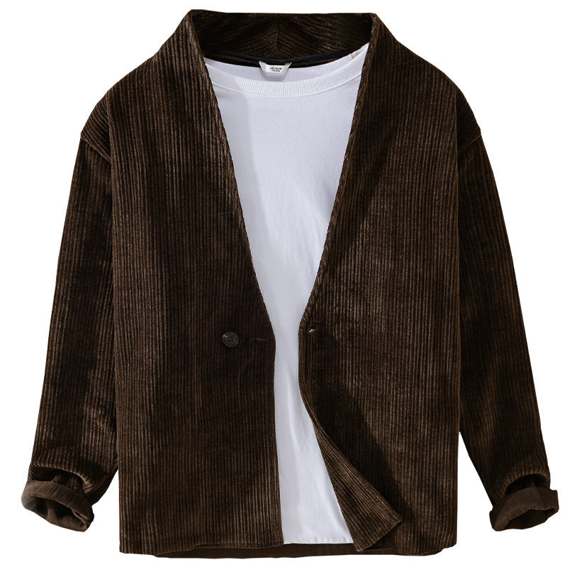 Herren Cord-Overshirt-Sakko mit V-Ausschnitt und Ein-Knopfverschluss Nord Taschen