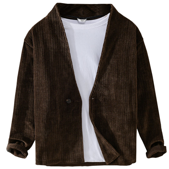 Herren Cord-Overshirt-Sakko mit V-Ausschnitt und Ein-Knopfverschluss Nord Taschen