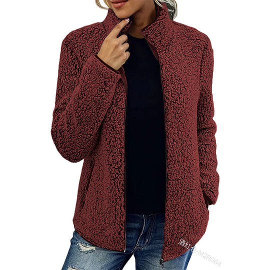 Damen kuschelige Teddy-Fleecejacke mit Stehkragen und Reißverschluss Nord Taschen
