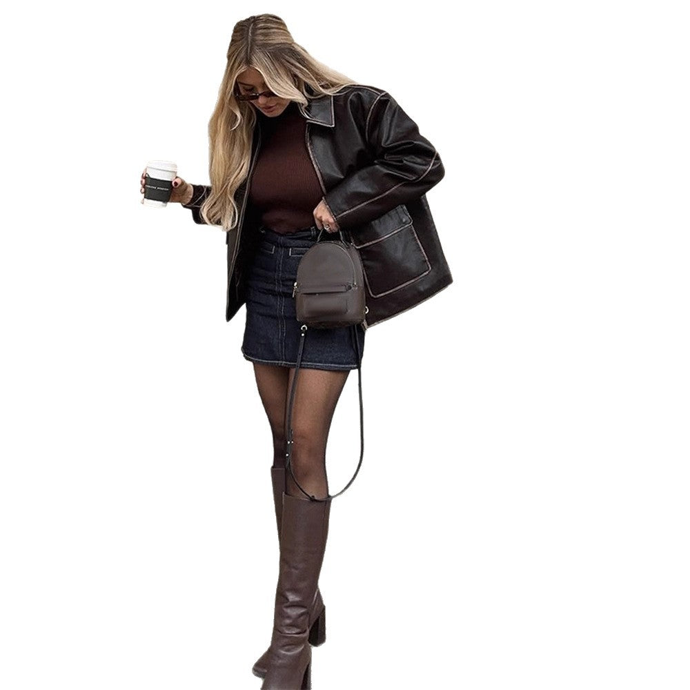 Damen Kurze Lederimitatjacke im Aviator-Look mit kontrastierenden Ziernähten Nord Taschen