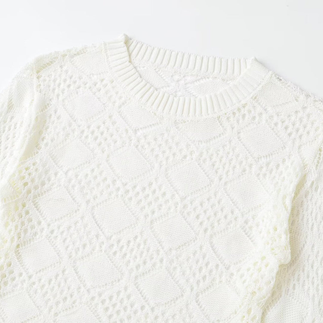 Damen Lochstrick-Pullover mit Rautenmuster und Rundhalsausschnitt Nord Taschen