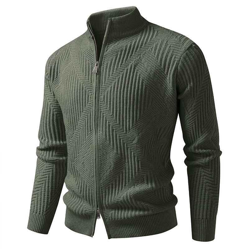 Herren Reißverschluss-Cardigan mit geometrischem Fischgrätstrick und Stehkragen Nord Taschen