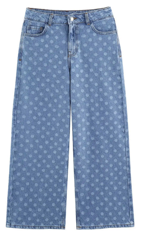 Damen Weite High‑Waist Culotte-Jeans mit verkürztem Bein und tonalem Punktemuster Nord Taschen
