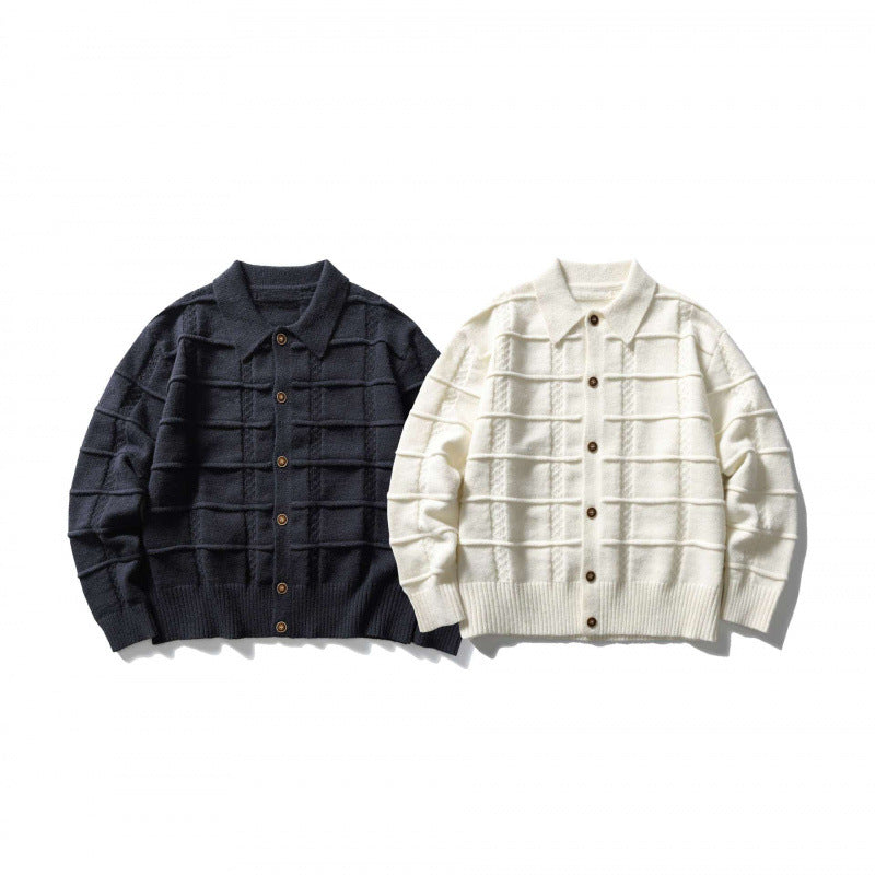 Unisex Kastenförmige Strickjacke mit Hemdkragen und strukturierter Karoprägung Nord Taschen
