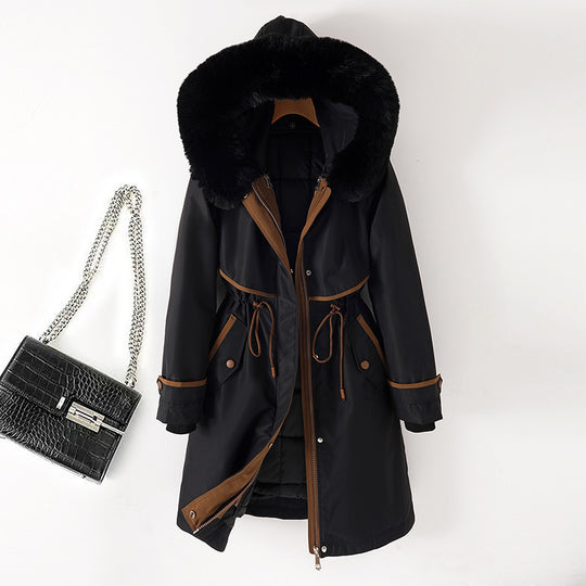 Damen nan langer Parka mit Kunstfellkapuze Taillenzug und kontrastierten Paspeln Nord Taschen
