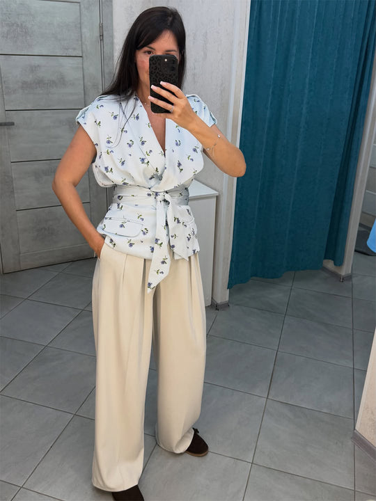Damen Ärmellose Wickelbluse mit tailliertem Bindegürtel und Pattentaschen Nord Taschen
