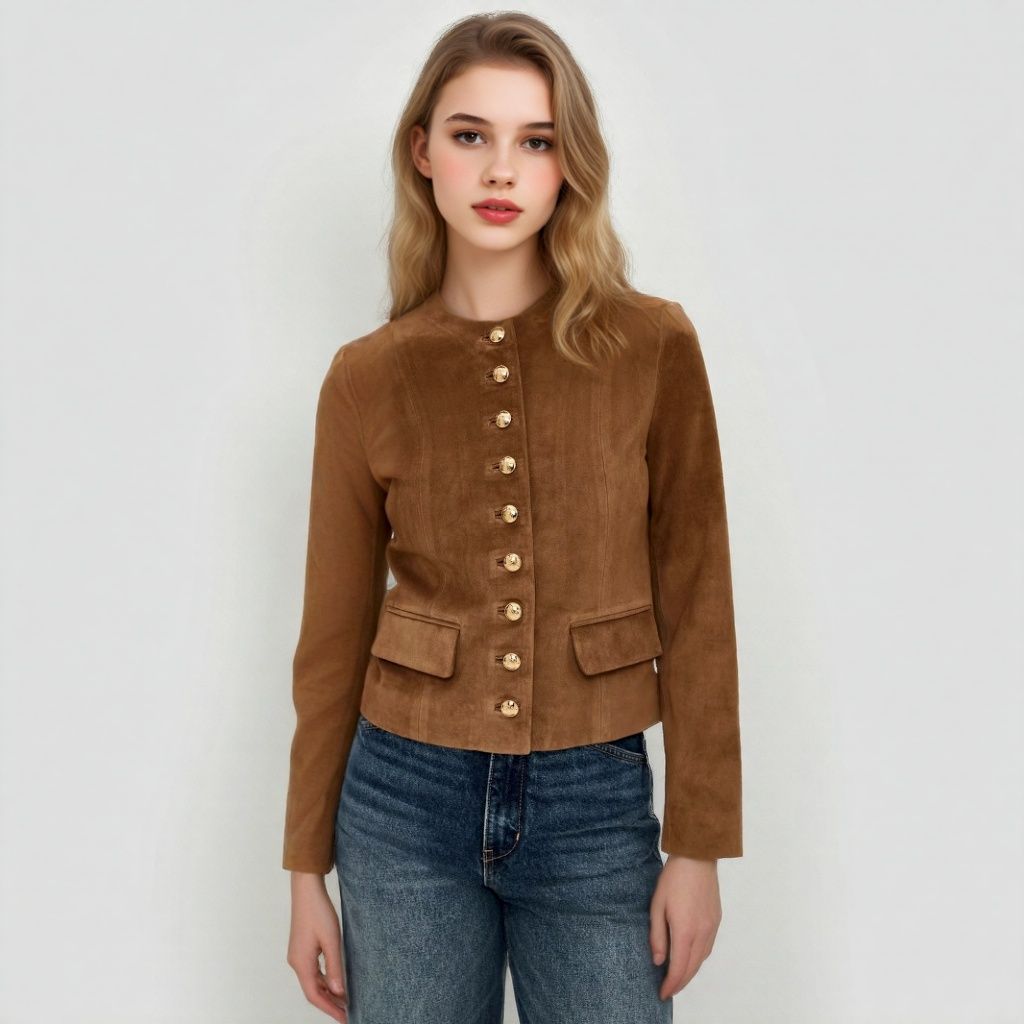 Damen Taillierte Wildlederoptik‑Jacke mit Stehkragen und Zierknopfleiste Nord Taschen