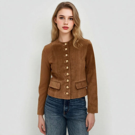 Damen Taillierte Wildlederoptik‑Jacke mit Stehkragen und Zierknopfleiste Nord Taschen