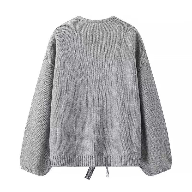Damen Strickcardigan mit V-Ausschnitt und dreifachen Pailletten‑Schleifen Nord Taschen