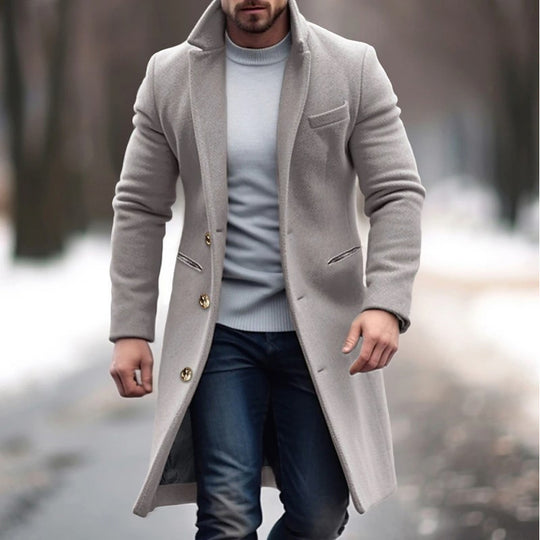 Herren Eleganter einreihiger Langmantel aus Wollmix mit schmaler Silhouette und Reverskragen Nord Taschen