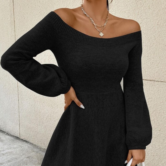Damen Schulterfreies Feinstrick-Kleid mit taillierter Passform und Ballonärmeln Nord Taschen