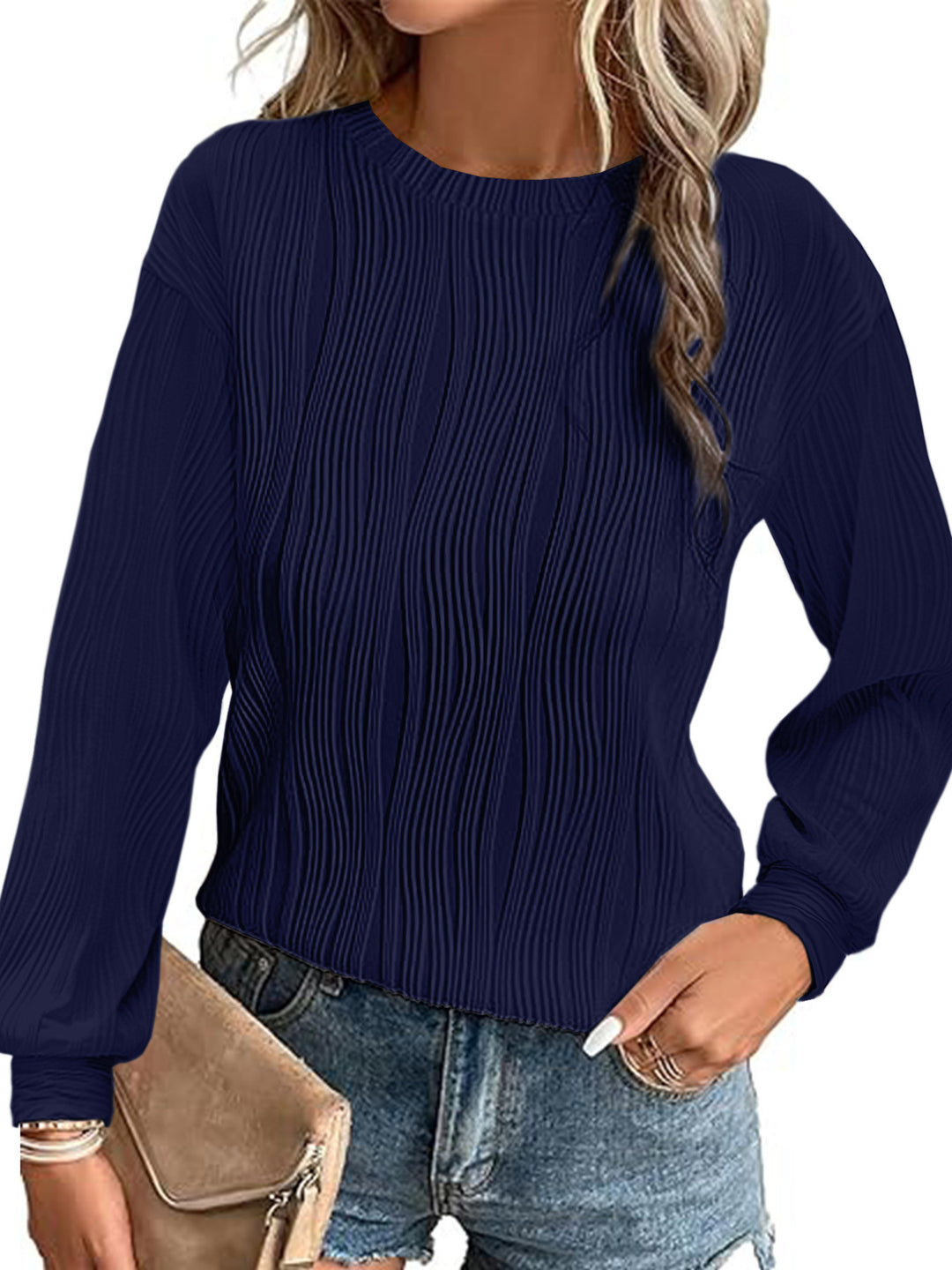 Damen Plissiertes Feinstrick-Longsleeve mit Rundhalsausschnitt Nord Taschen
