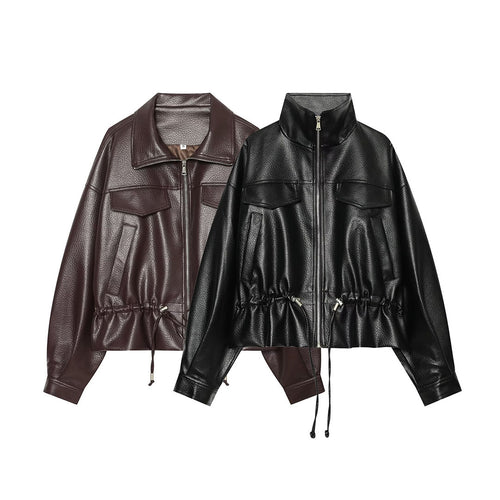 Damen Cropped Kunstlederblouson mit hohem Stehkragen, Pattentaschen und Tunnelzug Nord Taschen