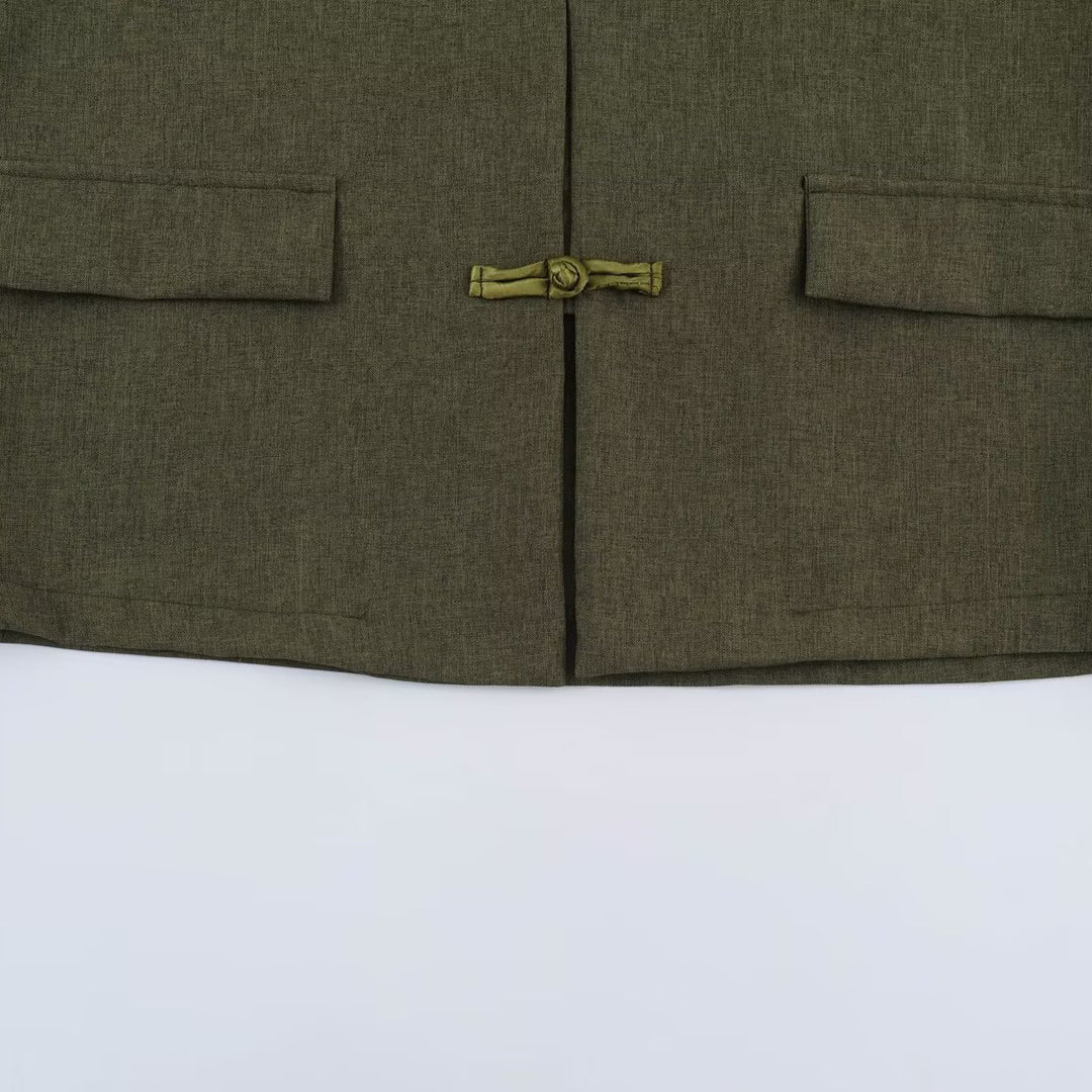 Damen Boxy Leinenblend-Jacke mit Stehkragen und chinesischen Knebelverschlüssen Nord Taschen