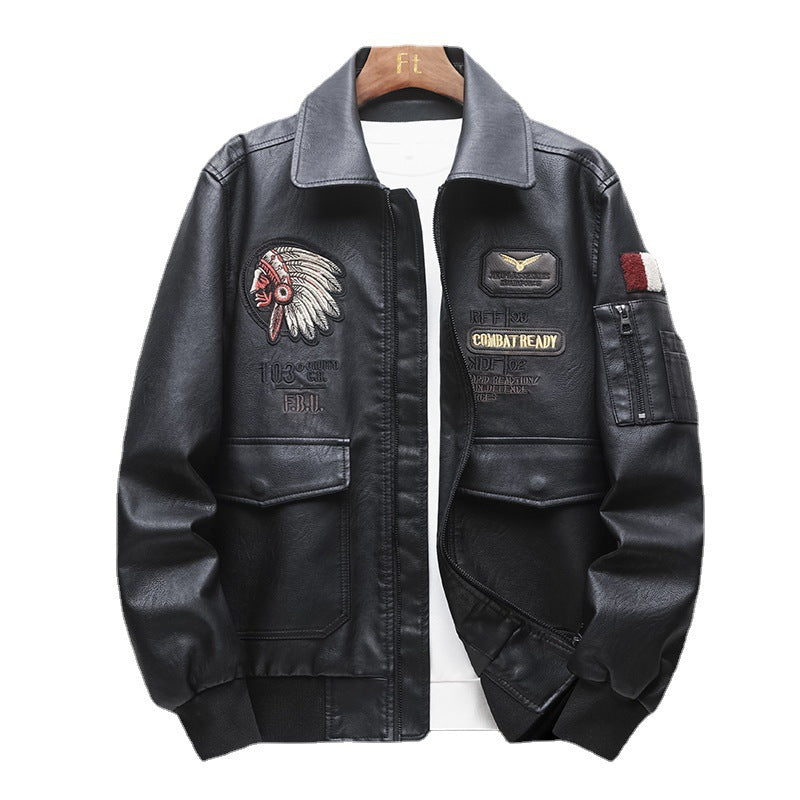 Herren Piloten‑Bomberjacke aus Kunstleder mit gestickten Patches und Rippbündchen Nord Taschen