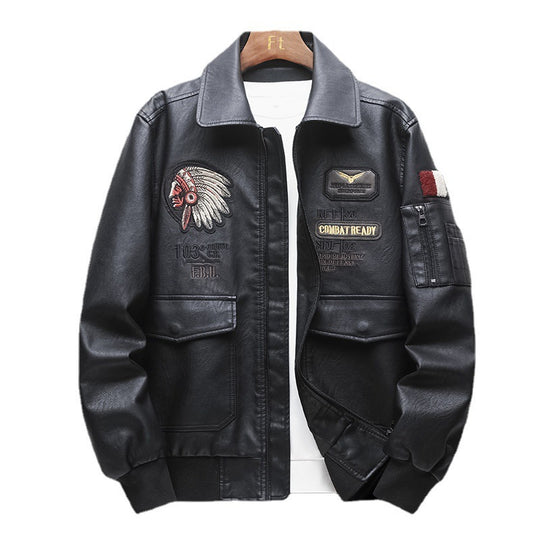 Herren Piloten‑Bomberjacke aus Kunstleder mit gestickten Patches und Rippbündchen Nord Taschen