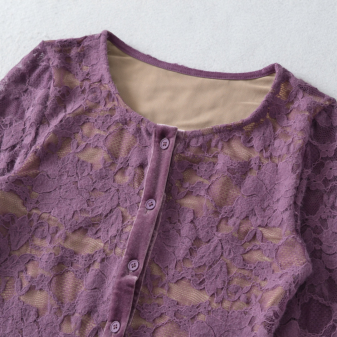 Damen Feiner Spitzen-Cardigan mit passendem Untertop und Samtbesatz Nord Taschen