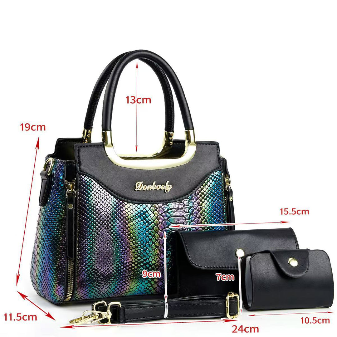 Damen stilvolle Handtasche mit Schlangenleder-Optik und abnehmbaren Accessoires Nord Taschen