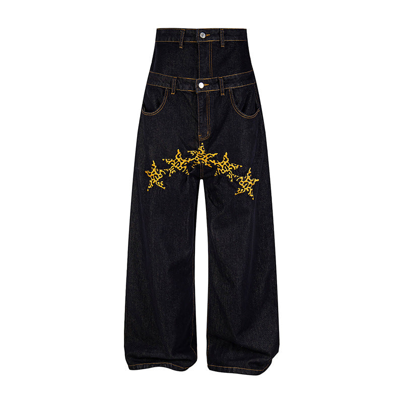 Damen Hochtaillierte weite Jeanshose mit dekorativer Sternstickerei Nord Taschen