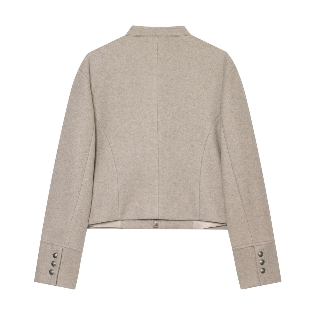 Damen Kurzjacke Military-inspirierte Wollmix‑Cropped Jacke mit Stehkragen, Epauletten und Zierknopfleiste Nord Taschen