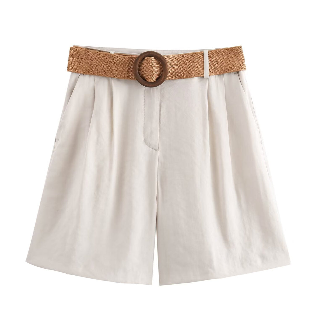 Damen elegante Shorts mit breitem, geflochtenem Gürtel