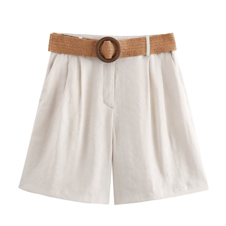 Damen elegante Shorts mit breitem, geflochtenem Gürtel