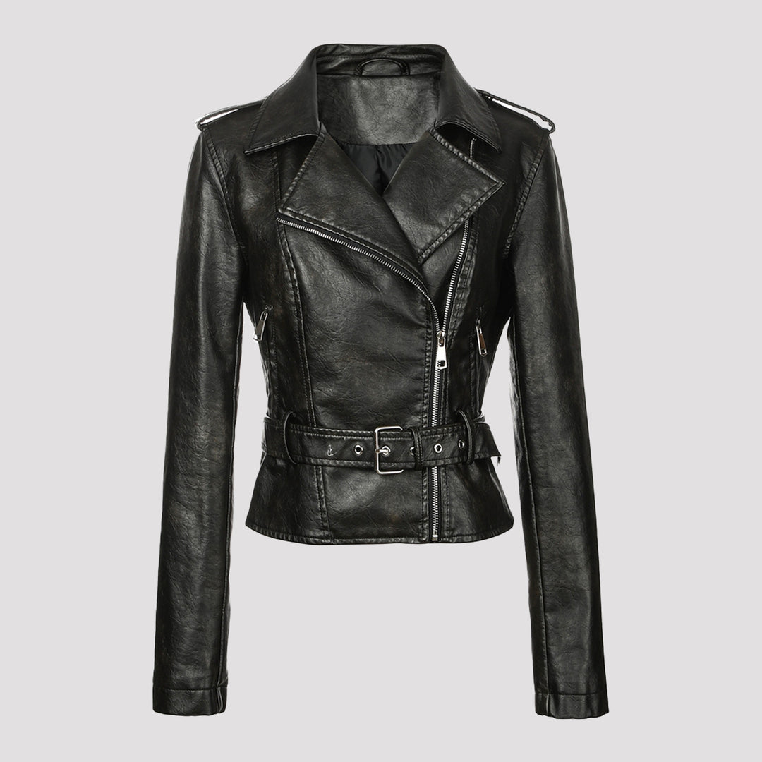 Damen Kurzjacke im Bikerstil aus weichem Kunstleder mit asymmetrischem Reißverschluss und Taillengürtel Nord Taschen