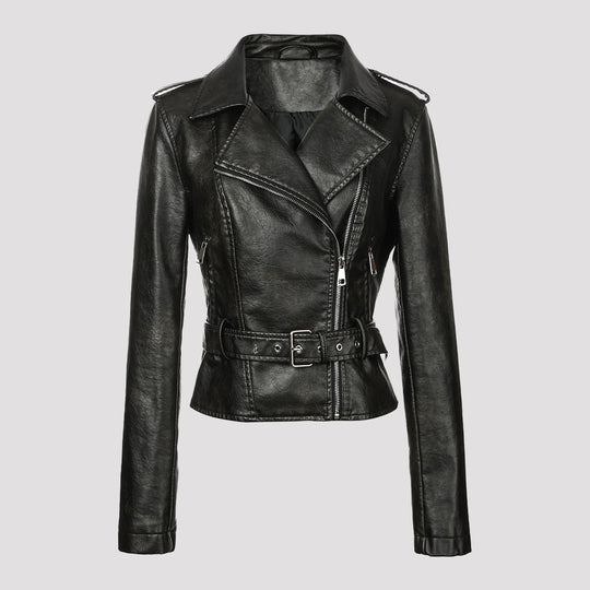 Damen Kurzjacke im Bikerstil aus weichem Kunstleder mit asymmetrischem Reißverschluss und Taillengürtel Nord Taschen