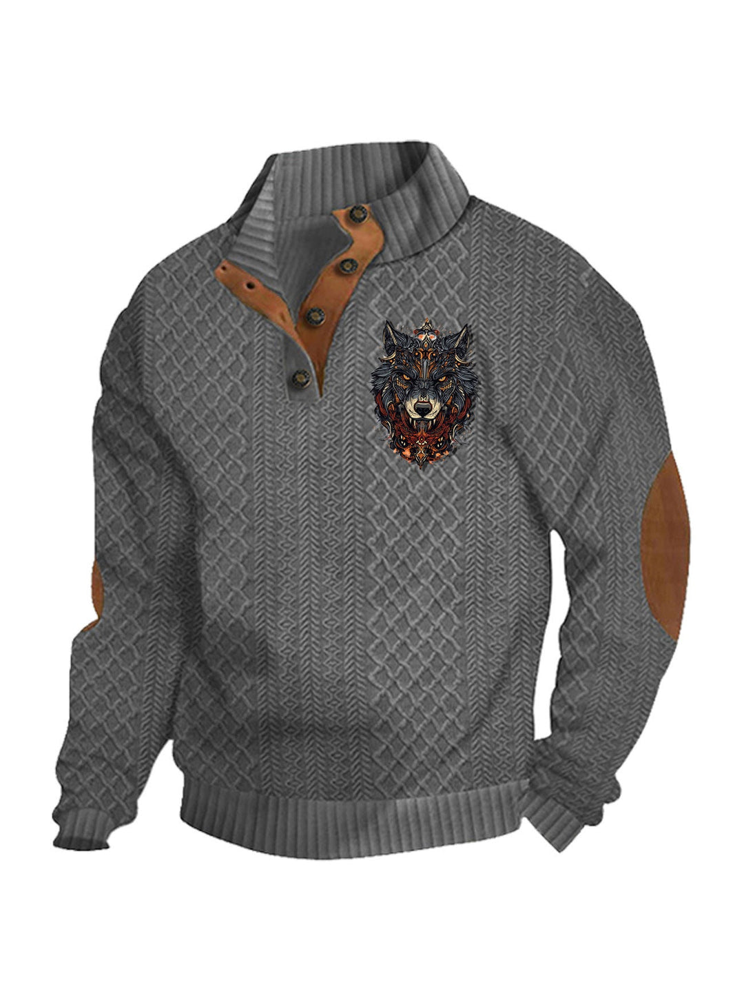 Herren nan Heritage-Strukturpullover mit Stehkragen Lederimitat-Besatz Ellenbogen-Patches und Halbknopfleiste