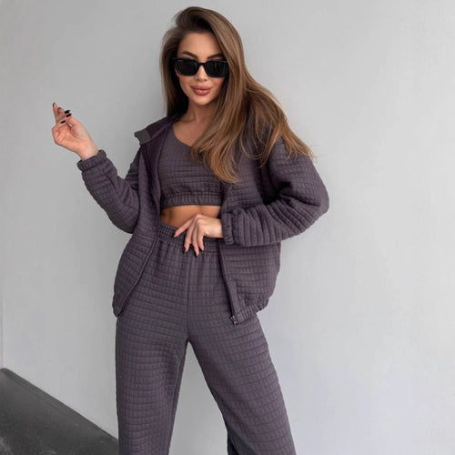 Damen gesteppter Quilt-Lounge-Zweiteiler aus Soft-Fleece mit Kapuzen-Zipjacke, High-Waist-Bundhose und Bustier-Top Nord Taschen