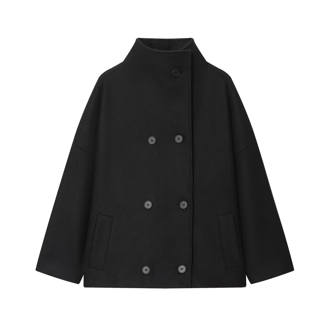 Damen Kurzes Cape-Mantel aus Wollmix mit hohem Stehkragen und doppelreihiger Knopfleiste Nord Taschen