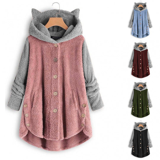 Damen Kuschelige Kapuzen‑Teddyjacke mit Katzenohren, Holzknopf‑Details und High‑Low‑Saum Nord Taschen