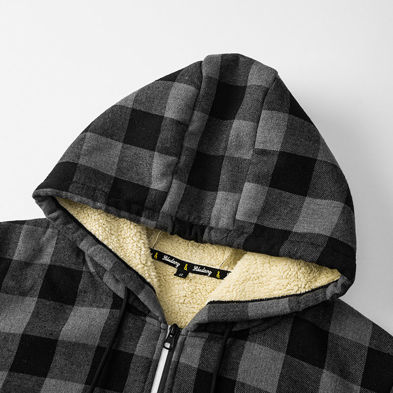 Herren Kariierte Sherpa-gefütterte Kapuzenjacke mit Reißverschluss und Rippbündchen Nord Taschen