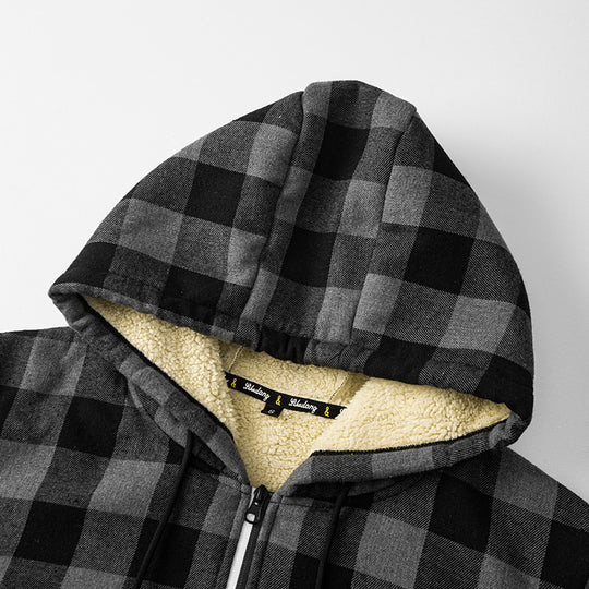 Herren Kariierte Sherpa-gefütterte Kapuzenjacke mit Reißverschluss und Rippbündchen Nord Taschen
