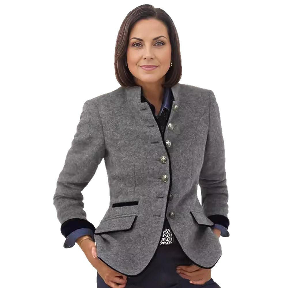 Damen Taillierter Walkblazer mit Stehkragen, Samtbesatz und Zierknöpfen Nord Taschen