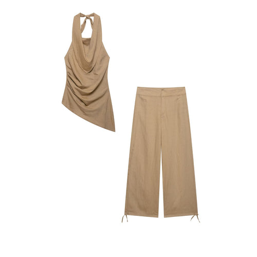 Damen Hochtaillierte Leinen-Mix Weite Hose mit Tunnelzug-Bund und Kordel-Saum Nord Taschen