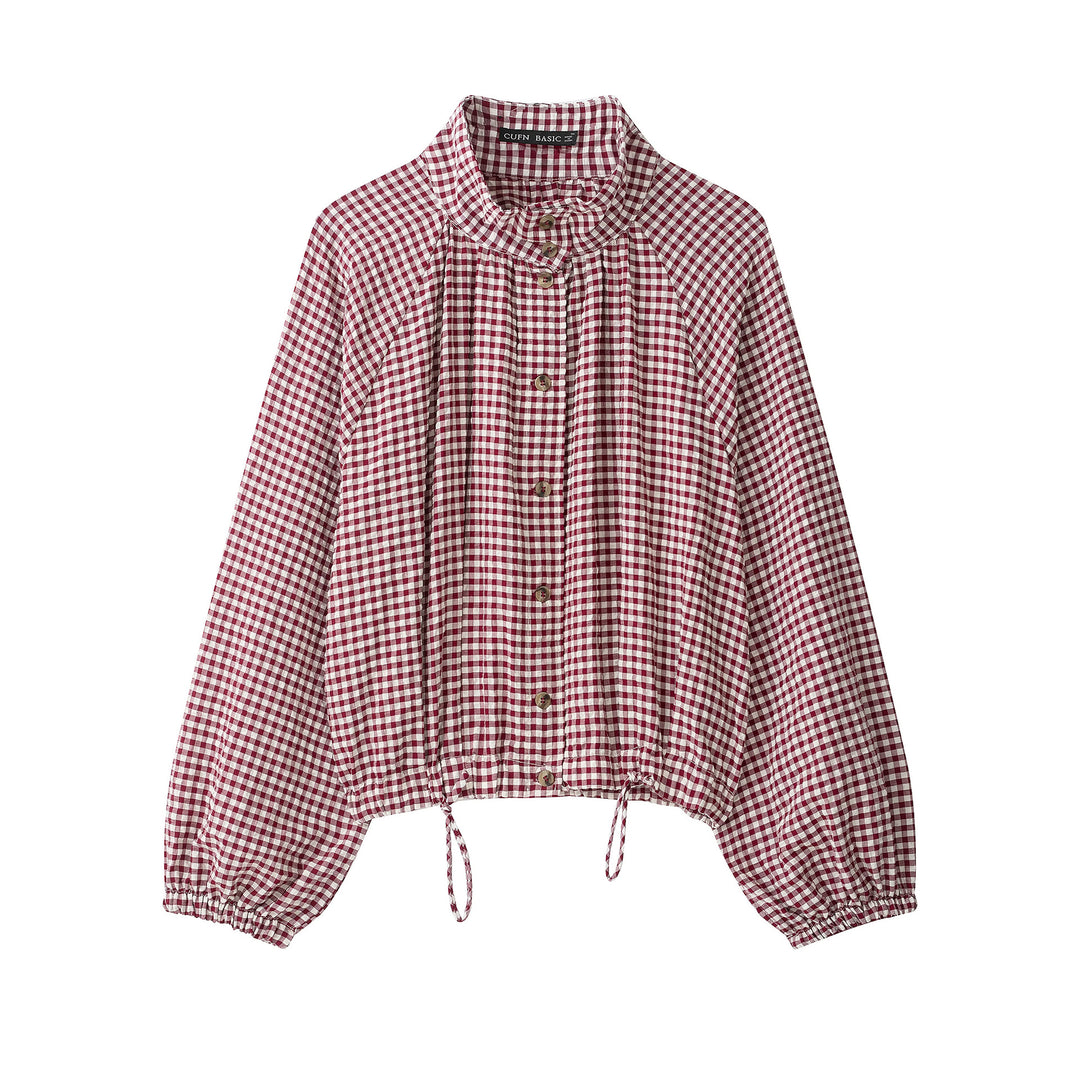 Damen 10+ kariertes Cropped‑Blusenjacke mit Stehkragen, Tunnelzugsaum und Ballonärmeln Nord Taschen