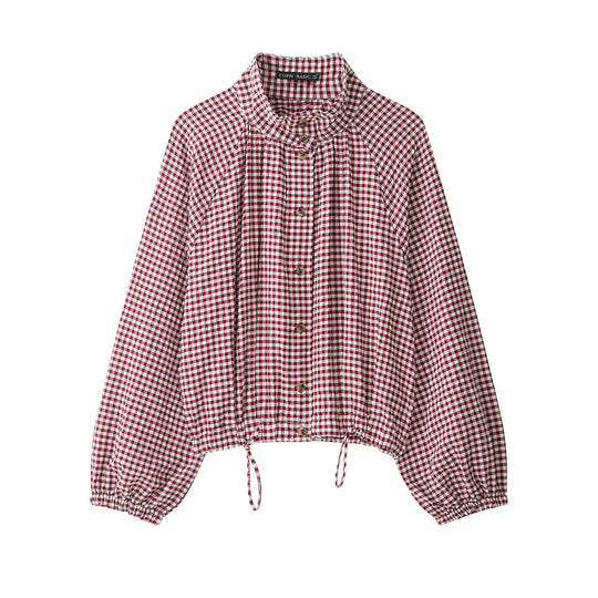 Damen 10+ kariertes Cropped‑Blusenjacke mit Stehkragen, Tunnelzugsaum und Ballonärmeln Nord Taschen