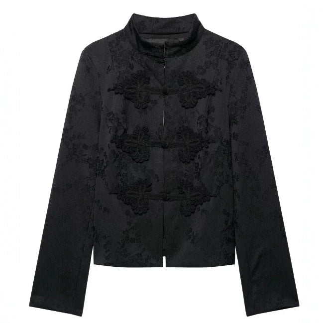 Damen Kurzjacke im Brokat-Look mit Stehkragen und Zierfroschverschlüssen Nord Taschen