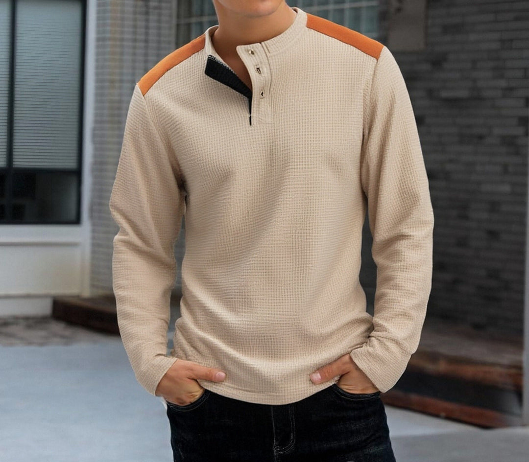 Herren strukturiertes Henley-Langarmshirt mit Stehkragen, Schulterpaspel und Waffelstruktur Nord Taschen