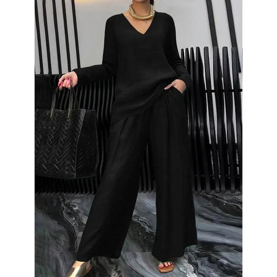 Damen Feiner V-Ausschnitt Strickpullover mit fließender Palazzo-Hose Nord Taschen
