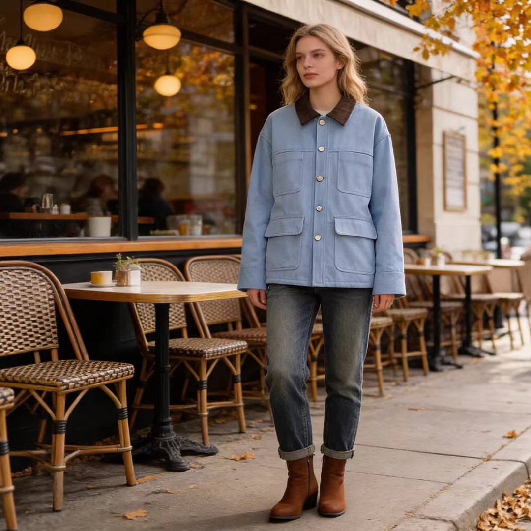 Damen Boxy-Arbeitsjacke mit Cordkragen und vier aufgesetzten Taschen Nord Taschen