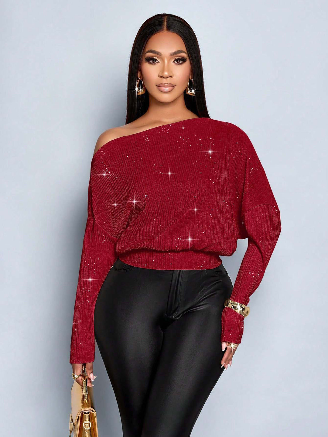 Damen Überschnittener Rippstrick-Pullover mit One-Shoulder und tailliertem Bündchen Nord Taschen