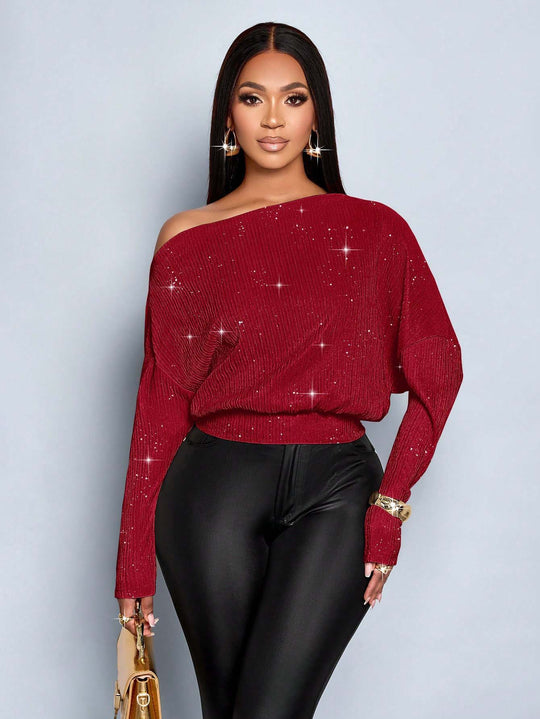 Damen Überschnittener Rippstrick-Pullover mit One-Shoulder und tailliertem Bündchen Nord Taschen