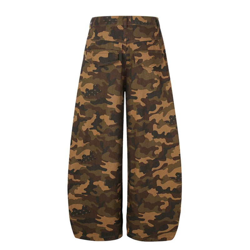 Damen Weite Camouflage-Palazzo-Hose mit Balloon-Saum und Nietenbesatz Nord Taschen