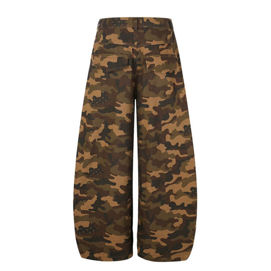 Damen Weite Camouflage-Palazzo-Hose mit Balloon-Saum und Nietenbesatz Nord Taschen