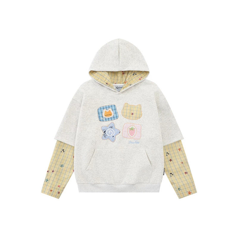 Damen Kapuzensweatshirt mit Lagenoptik, Kängurutasche und verspielten Patch‑Applikationen Nord Taschen