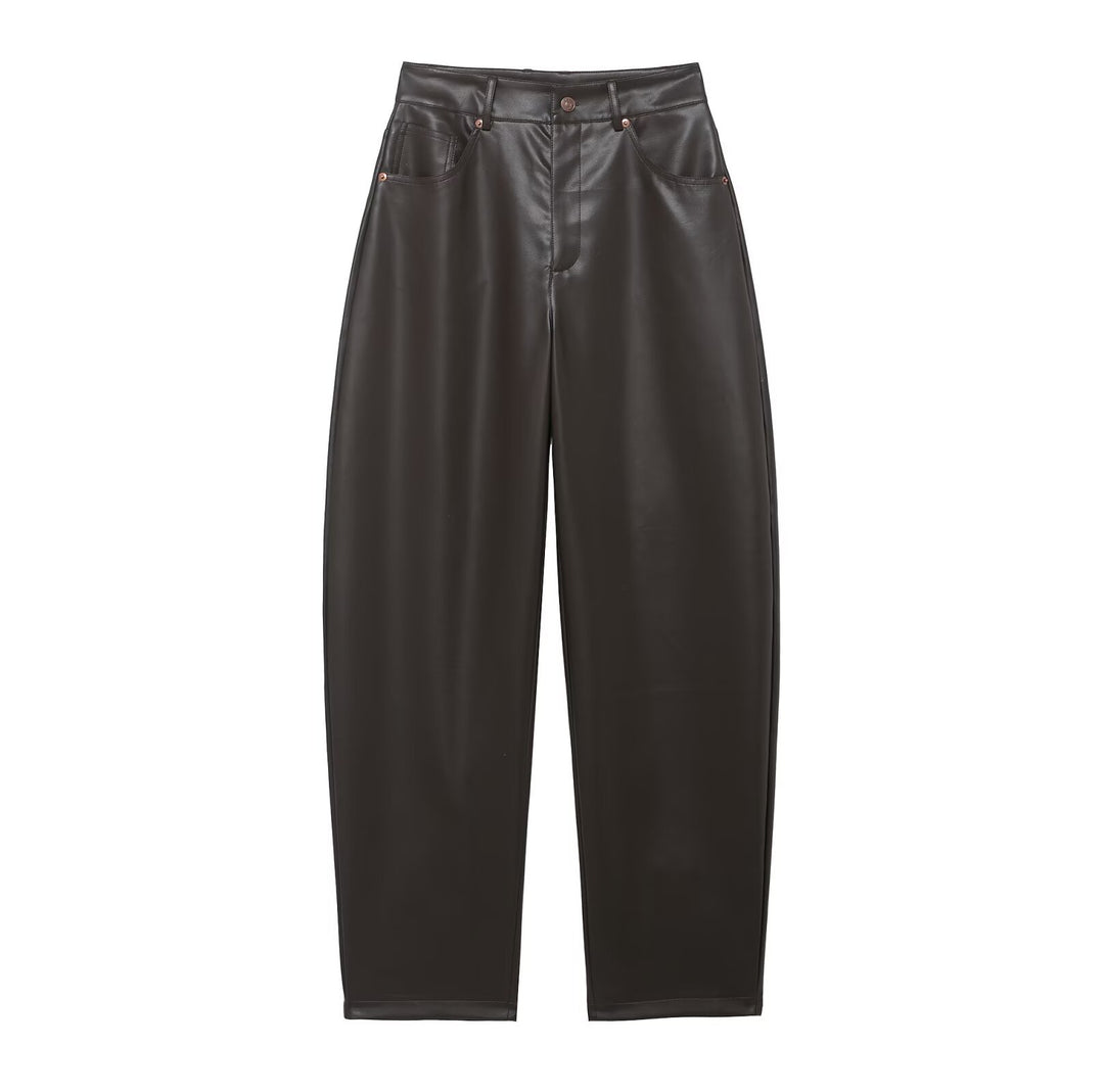 Damen Hochtaillierte Kunstlederhose mit weiter tapered Passform Nord Taschen